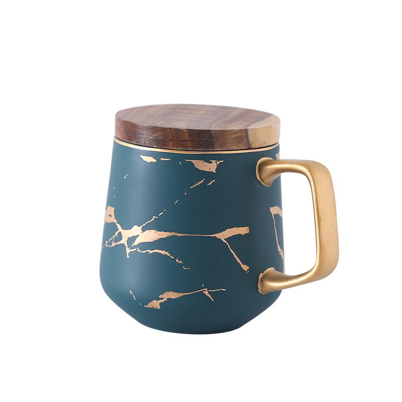 Japanese Ceramic Tea Cup: Matte Gold Marble & Black Pattern with Wooden Saucer
