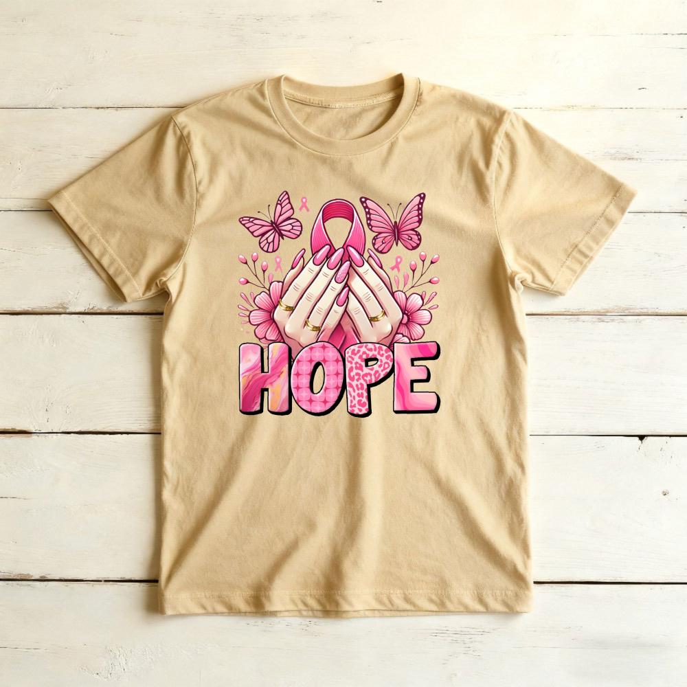 Hope Floral Nails Butterfly Pink Ribbon Graphicunisex Summer Cotton T Shirt Positive Breast Cancer Short Sleeve Basic Tee