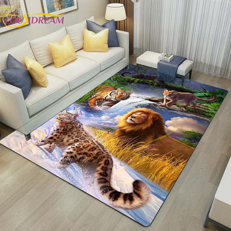 3D Lion Tiger Rug Beautiful Lion Face Rug Modern Carpets for Living Room Area Rug Non Slip Floor Rug Wild Cat Glare Rug Play Mat