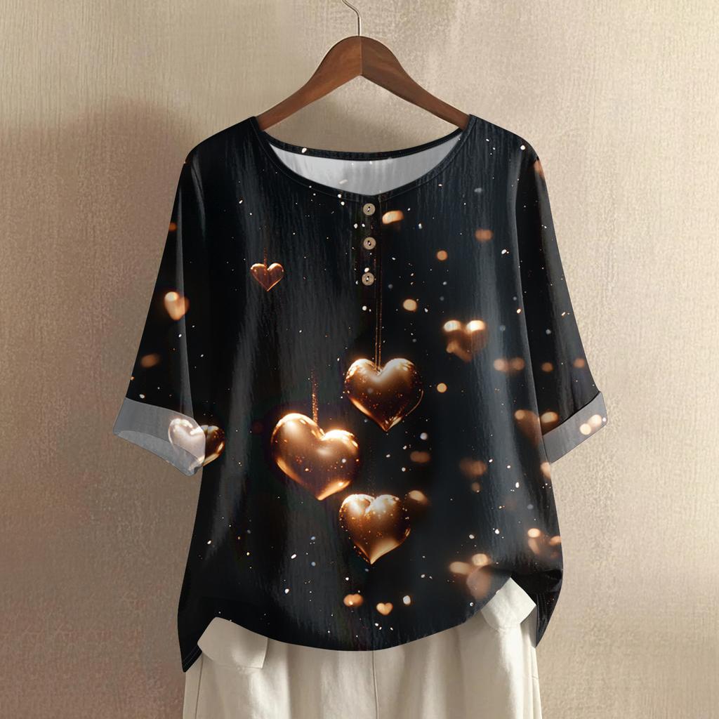 Damska casualowa i wygodna bawełniano-lniana bluzka z okrągłym dekoltem, średniej długości, z modnym nadrukiem