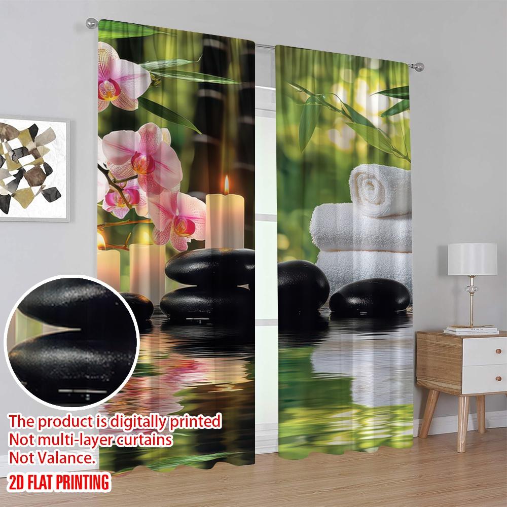 2Pcs Spa Curtains Massage Theme Candles Orchids And Stones In Garden Japanese Oriental Suitable For Living Room Bedroom Kitchen