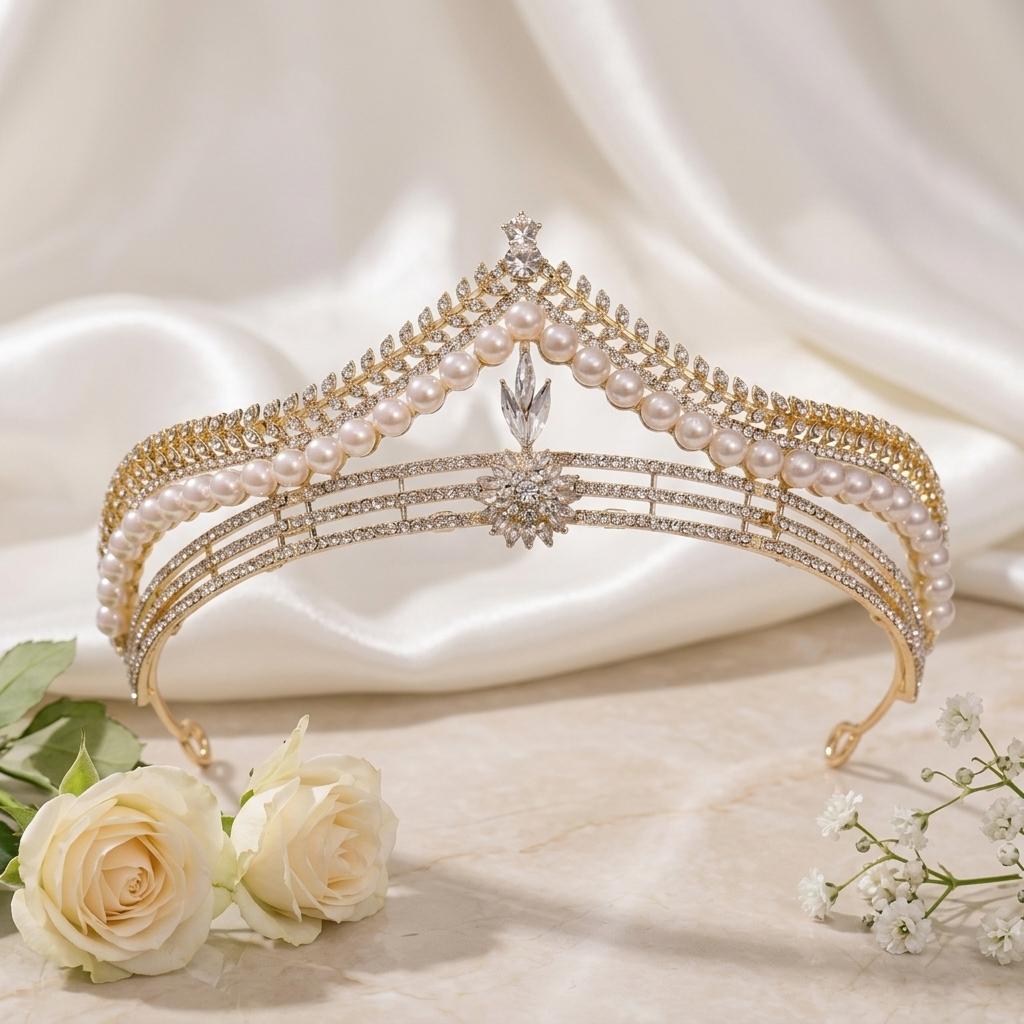 Children Pearl Crown Headband for Girls Birthday Performance Alloy Frame with Imitation Pearls and Silicone-Lining