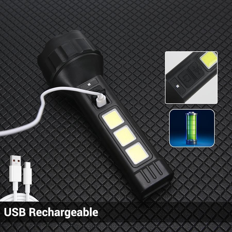 High Power LED Flashlight Rechargeable Tactical Zoom Torch Lamp with COB Side Light Waterproof Outdoor Camping Lamp Hunting