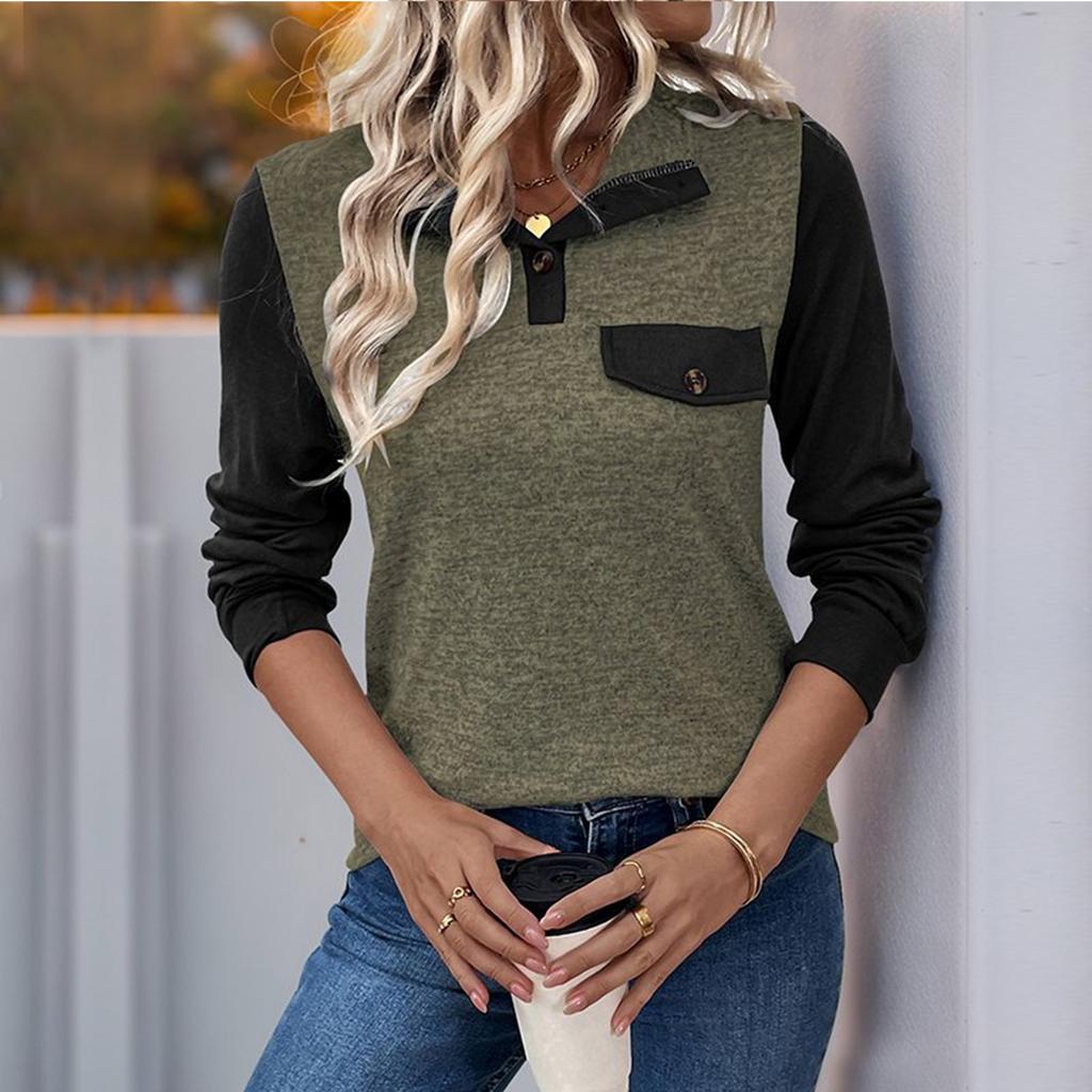 Women's Contrast Color Stitching Top Pullover Lapel Button Casual All-match Top