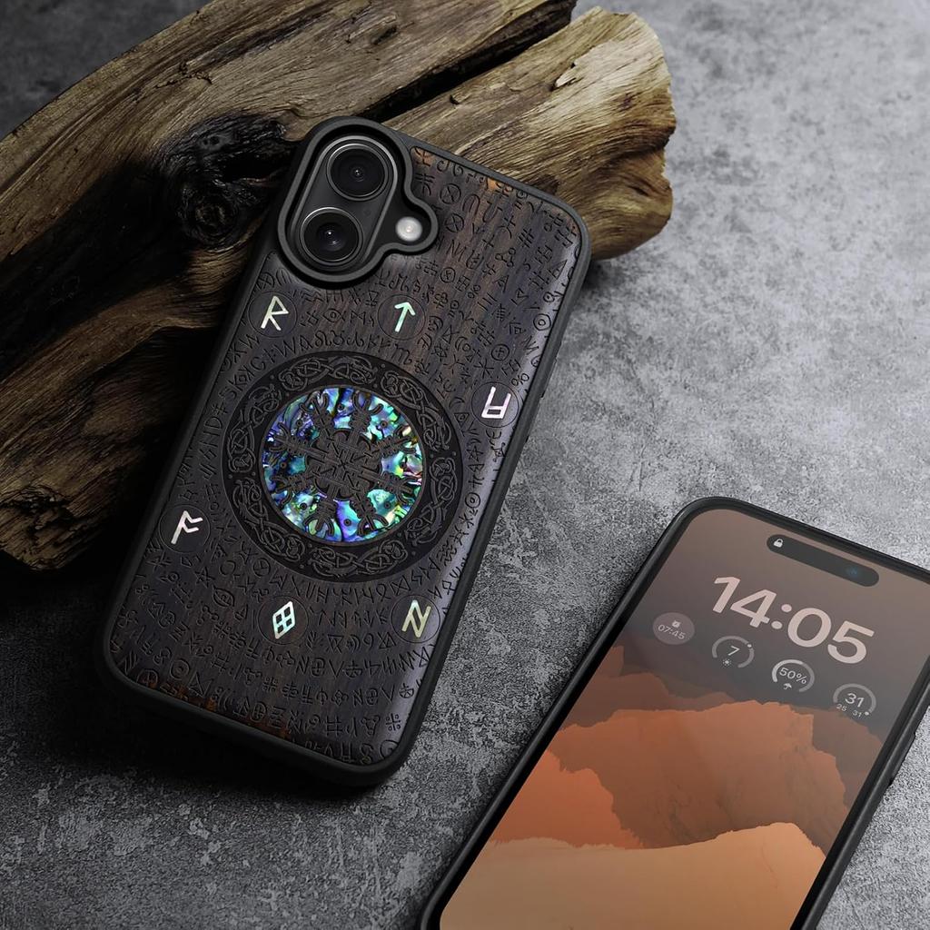Carveit Magnetic Case for iPhone 16 Plus Case, Wood Artisan Engraved & Handmade Shell Inlaid, TPU Shockproof Cover, Compatible with MagSafe Wireless