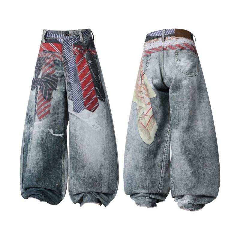 Vintage Tie Print Wide Leg Jeans Retro Loose Straight Pants Teens