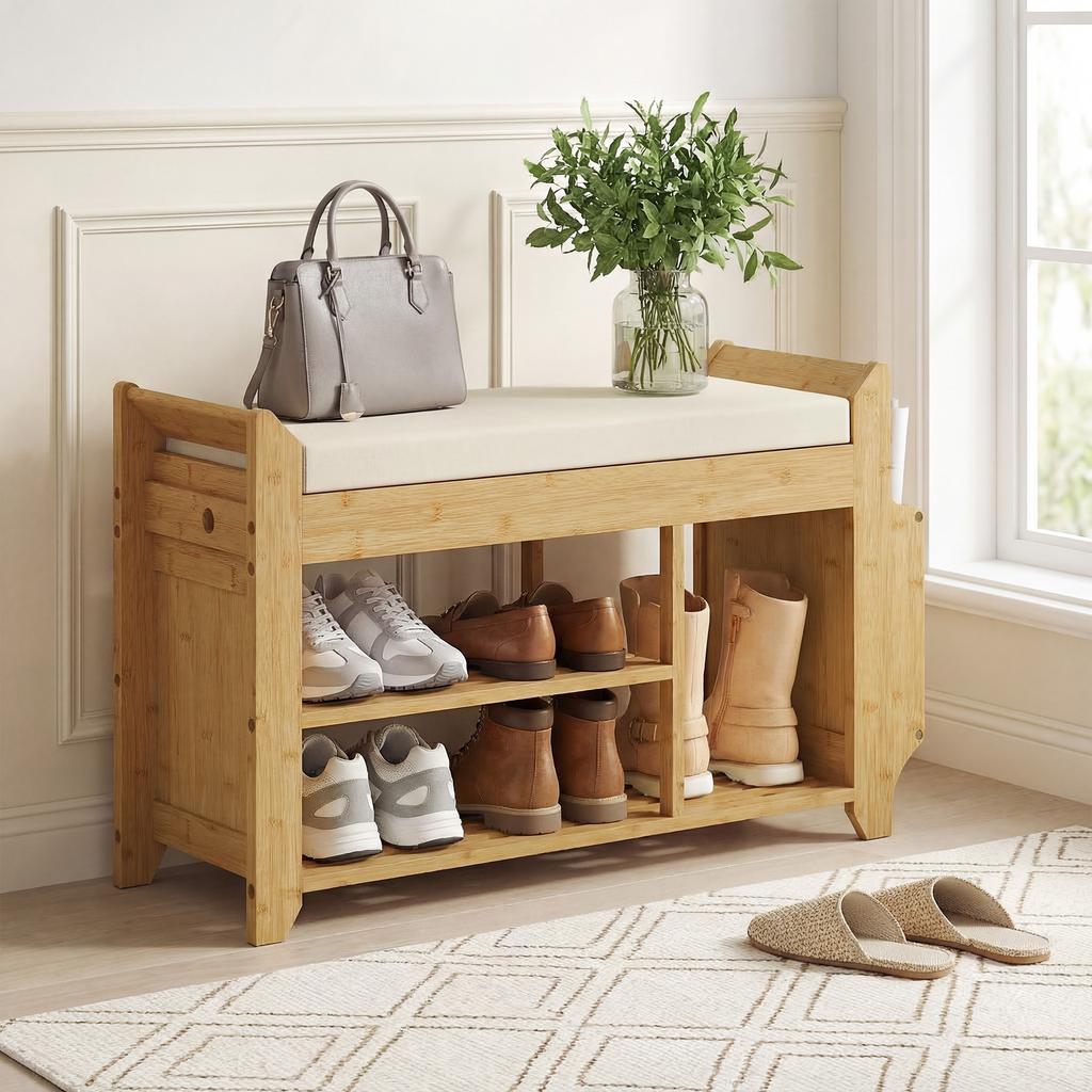 Shoe Bench 2 Tier Boot Section Entryway Storage Bench Cushioned Seat 80 X 30 X 50 Cm Natural And Cream