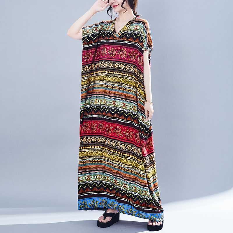 The Real Order Is In Stock and The New Bohemian Ethnic Style Printed Cotton and Silk Loose Robe Dress In Summer.