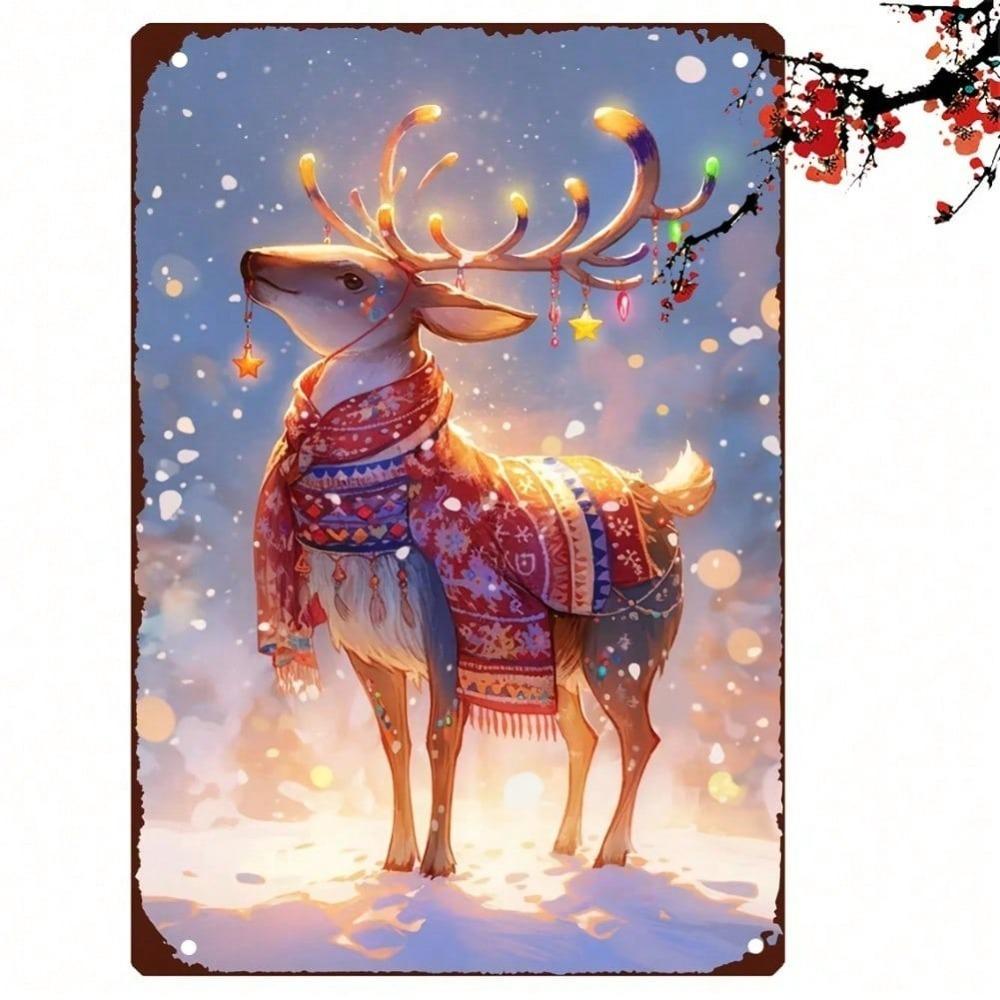Retro Metal Reindeer Sign 2D Flat Christmas Wall Art Rustproof Tin Painting for Home Bar Indoor Outdoor Decor