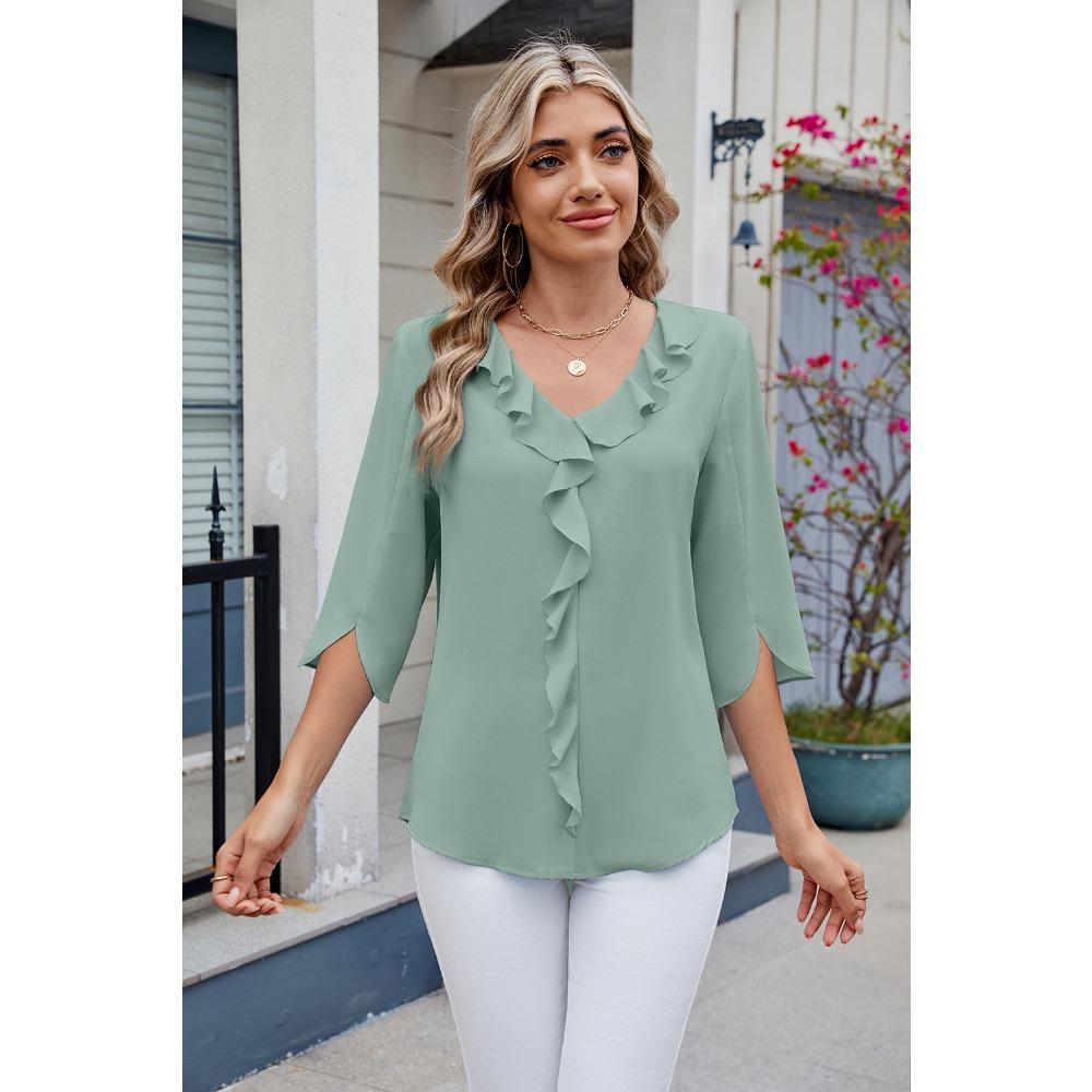 New, Hot-selling, Chiffon Shirt, Medium-sleeved V-neck Pleated Ruffle Edge Loose Women's Top