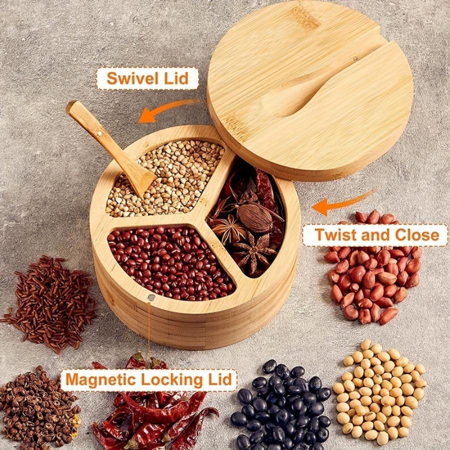 Bamboo Covered Wooden Spoon Seasoning Jar Bath Salt Jar Kitchen Storage Seasoning Container with Spoon Countertop Organizer