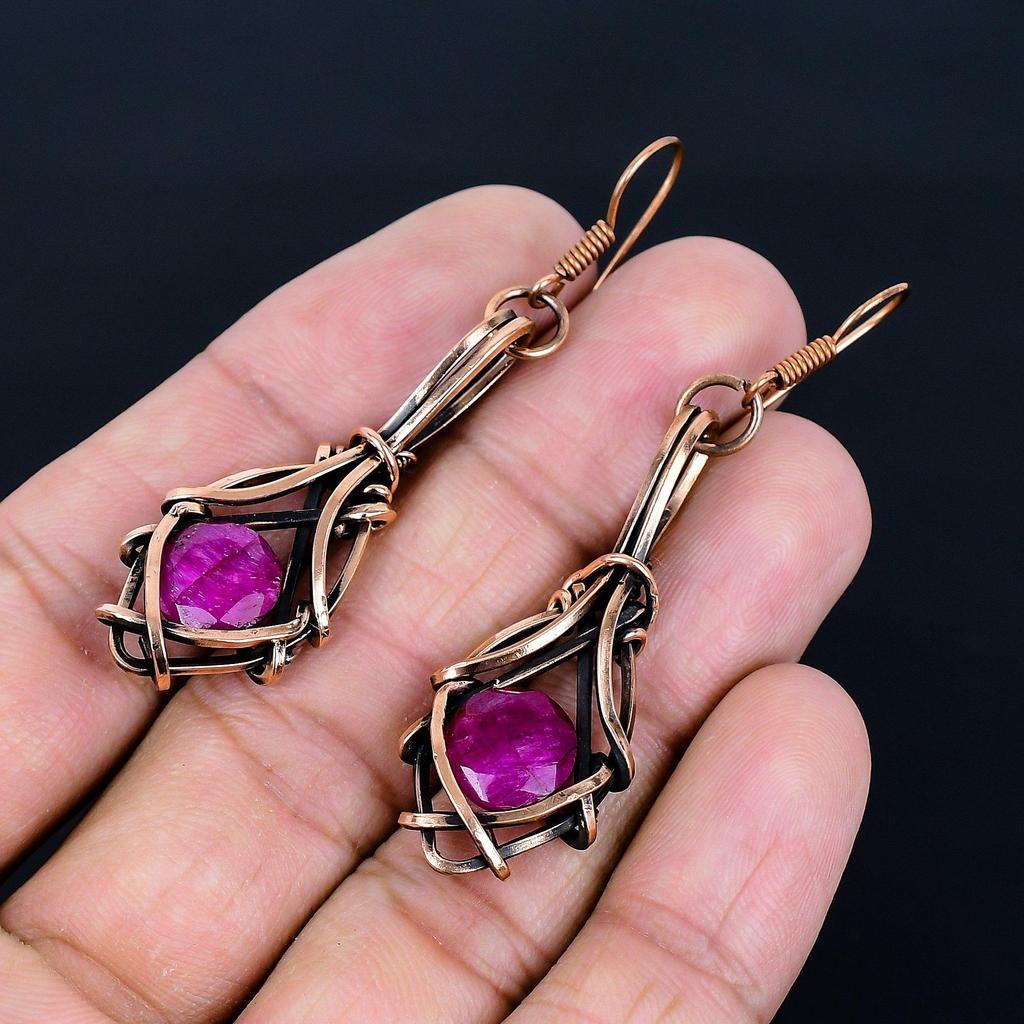 Ruby Earrings Gemstone Jewelry, 999 Copper Wire Wrapped Handmade Earrings, Latest Design Jewelry