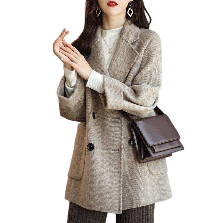 Korean Style Women's Mid-Length Herringbone Wool Coat - Autumn & Winter Fashion