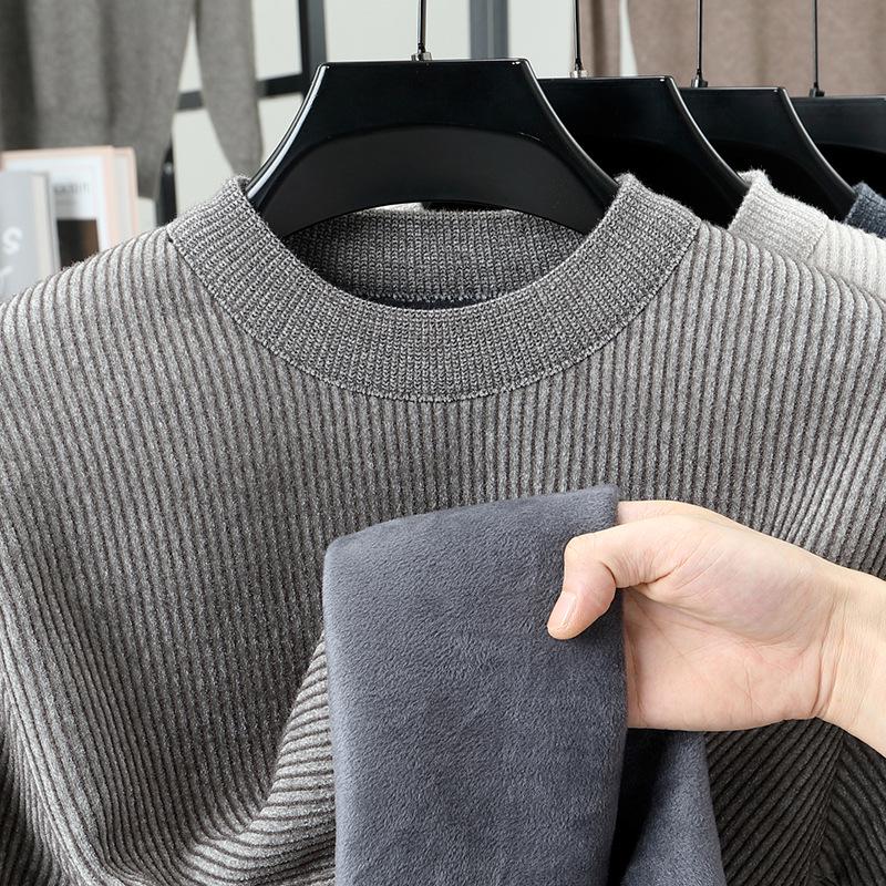 2025 Winter Men's Plus Velvet Round Neck Sweater: Casual, Simple, Warm Knitwear for Middle-Aged Comfort