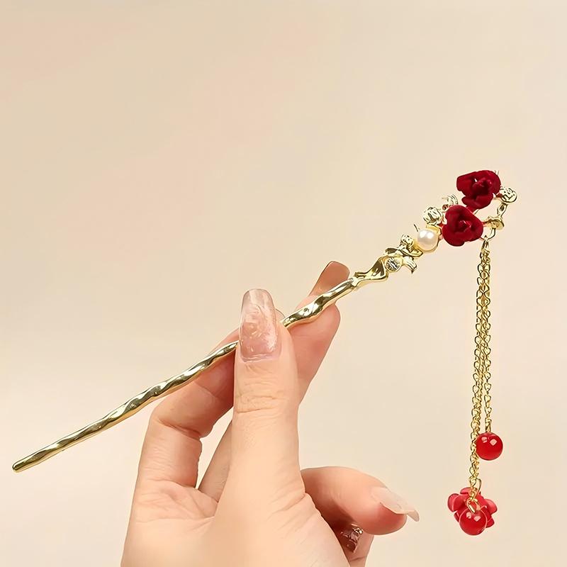 Romantic Rose Chinese Style Tassel Hair Clip Women's Fashion Handmade Hair Clip Exquisite Gift Women Hair Needle Hair Accessory