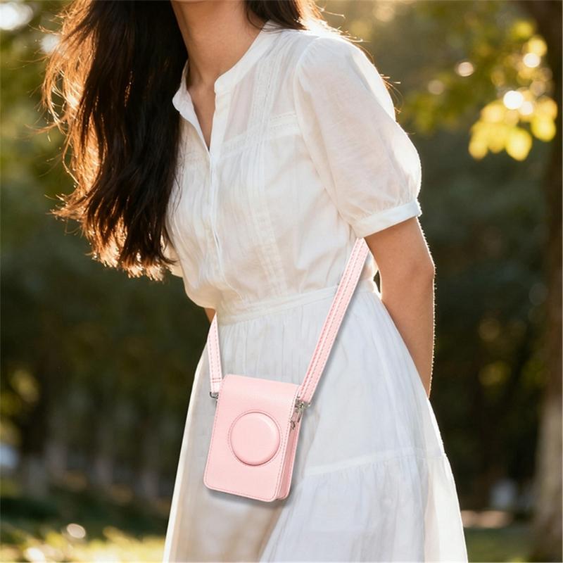 Étui d'appareil photo bandoulière étanche antichoc en cuir PU rose pour Mini EVO Sac de rangement compact avec bandoulière réglable