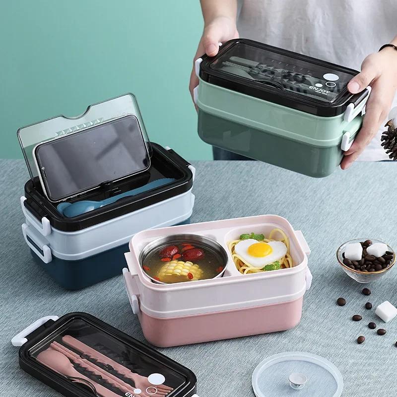 Double-layer Food Storage Container, Lunch Container for Student Office Worker, Microwave Heating Lunch Box Bento Box
