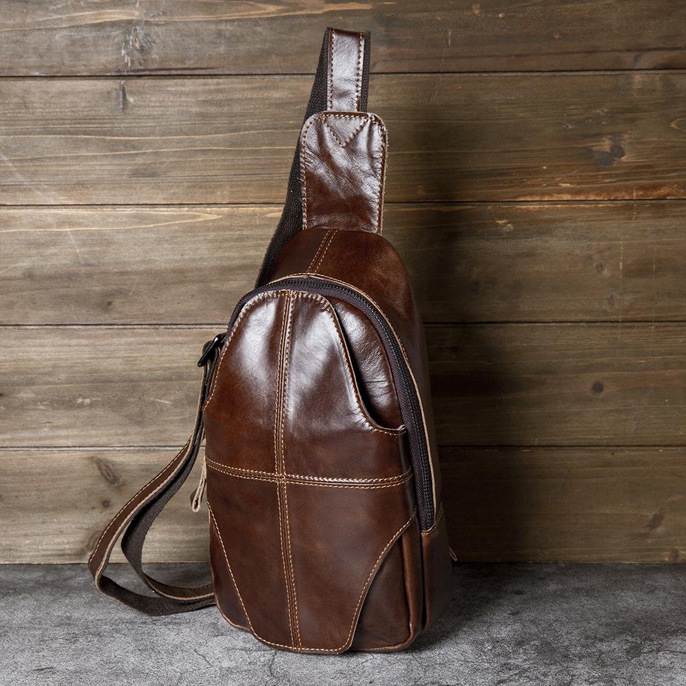 Leather Men s Bag, Men s Chest Bag, Casual and Fashionable Top Layer Cowhide Oil Wax Craft Crossbody Chest Bag темно-коричневого