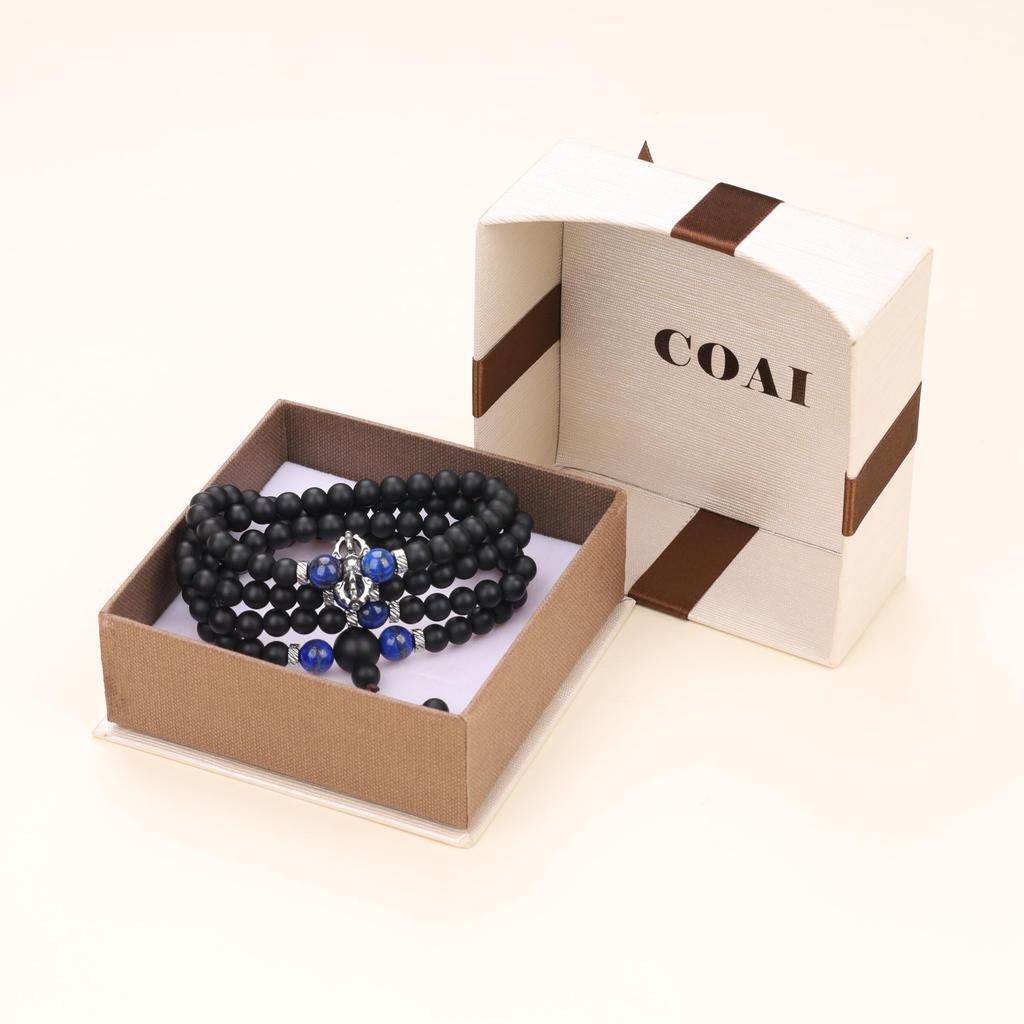 Vajra Pestle 108 Beads Lapis Lazuli Matte Onyx Power Stone Necklace Bracelet Prayer Beads for Men Women [Coai]