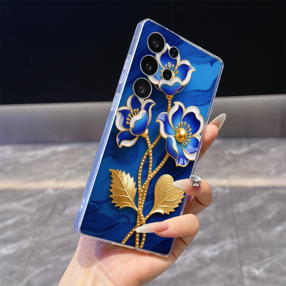 Blue Enamel Flowers with Gold Phone Case for Samsung Galaxy S26 S25 S24 S23 S22 S21 S20 FE Plus Lucency TPU Protection Cover