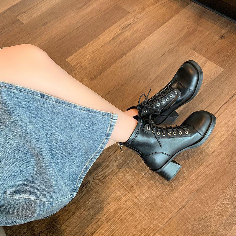 Locomotive Martin Stiefel 2025 Herbst und Winter neu Britischer Stil Schnürstiefel Dicke Ferse Vielseitige High Heel Stiefeletten Große Größe Damenstiefel