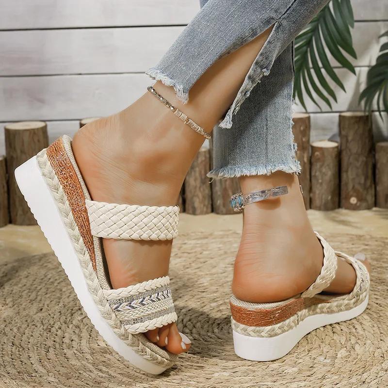 Fashion Fashion Weaving Wedge Heel Sandals for Women 2025 Summer Thick Sole Beach Slippers Woman Comfy Slip On Platform Sandalias Mujer