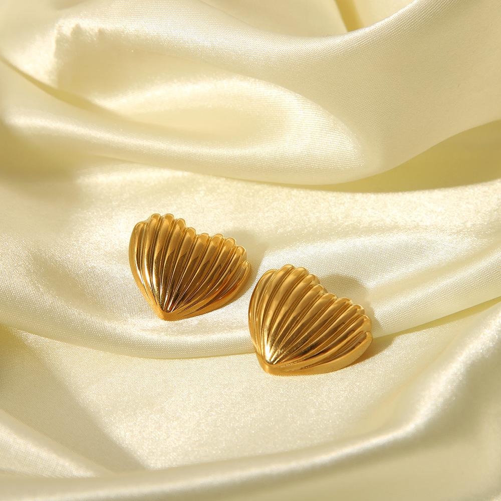 Gold Color Stainless Steel Love Charm Texture Earrings For Women Big Peach Pierce Stud