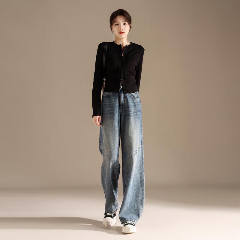 RAIN.CUN Women's High-Waist Embroidered Loose Wide-Leg Jeans