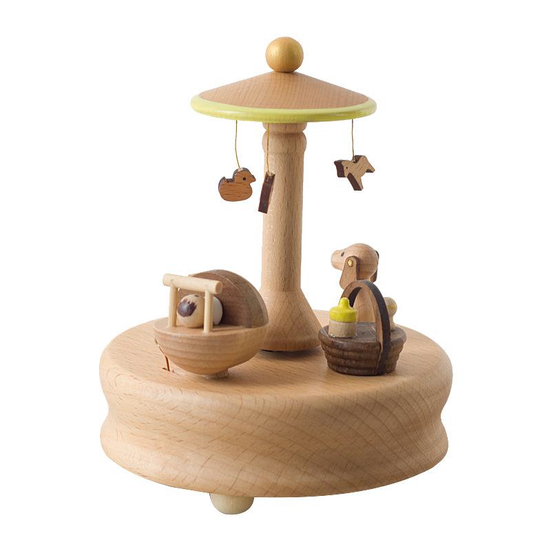 Wooden Carousel Music Box Ornaments Rotatable Hand-cranked Music Box DIY Handmade Birthday Christmas Gift Children’s Toys