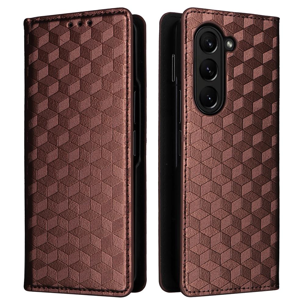 

Wallet Phone Case for Samsung Galaxy Z Fold5 5G Rhombus Imprinted PU Leather Phone Cover Brown