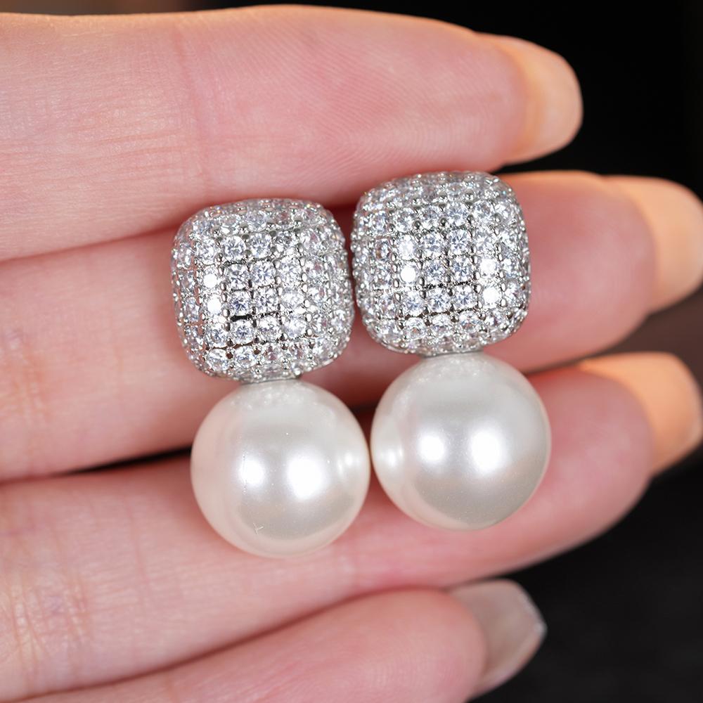 

Huitan Imitation Pearl Women Drop Earrings Full Sparkling CZ Fashion Party Wedding Elegant Accessories Charming Lady Zircon