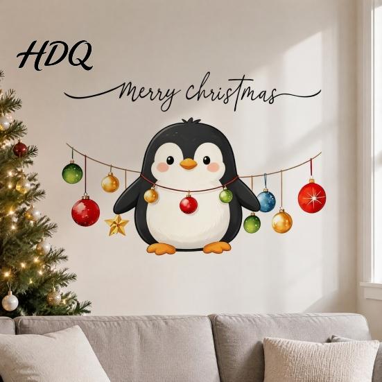 Festive Party Decorations Christmas Cute Penguin Wall Sticker Merry Cartoon Animal Art Decal Holiday Window Glass Stickers Removable Peel And Stick