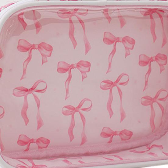 Pink Bow Makeup Bag Portable Cosmetic Pouch with Transparent Window Zippered Travel Cosmetic Organizer for Business Trip Vacation