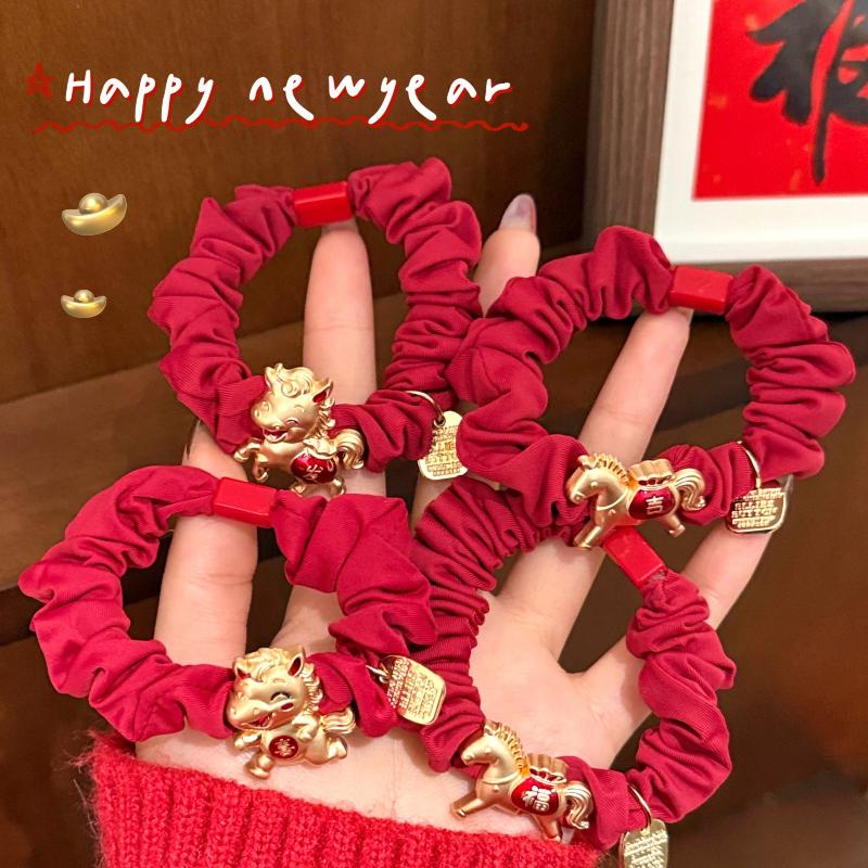 Cartoon Pony Hair Ring  Year Festive Red Hair Band Tie Horse Tail High Elastic Year Of The Horse Hair Ornament Accessories