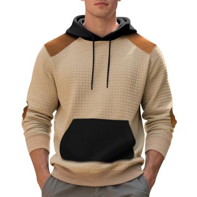 Men's Casual Hooded Hoodie Patchwork Blocked Pullover Jacquard Men's Checkered Hooded Sweatshirt with Large Pockets