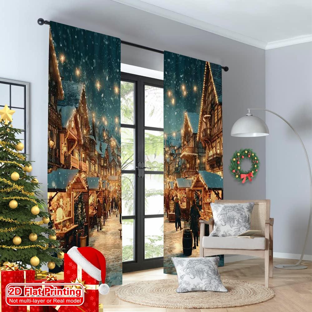 2pcs 2D flat printing Merry Christmas Curtain Christmas Market Night View Versatile Polyester Fabric Without Electricity Family
