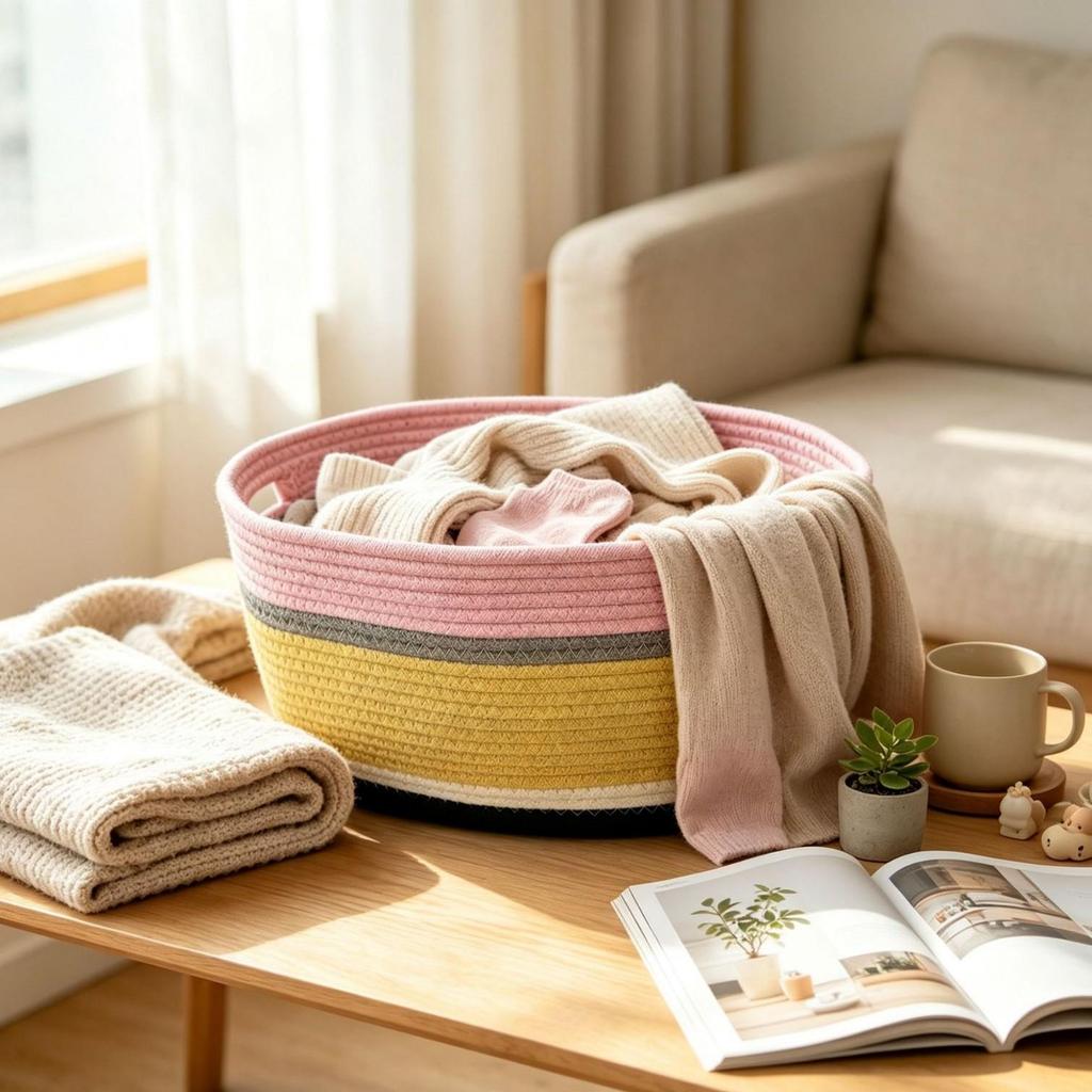 Color-block Cotton Rope Storage Basket for Living Room – Coffee Table Book and Clothes Organizer