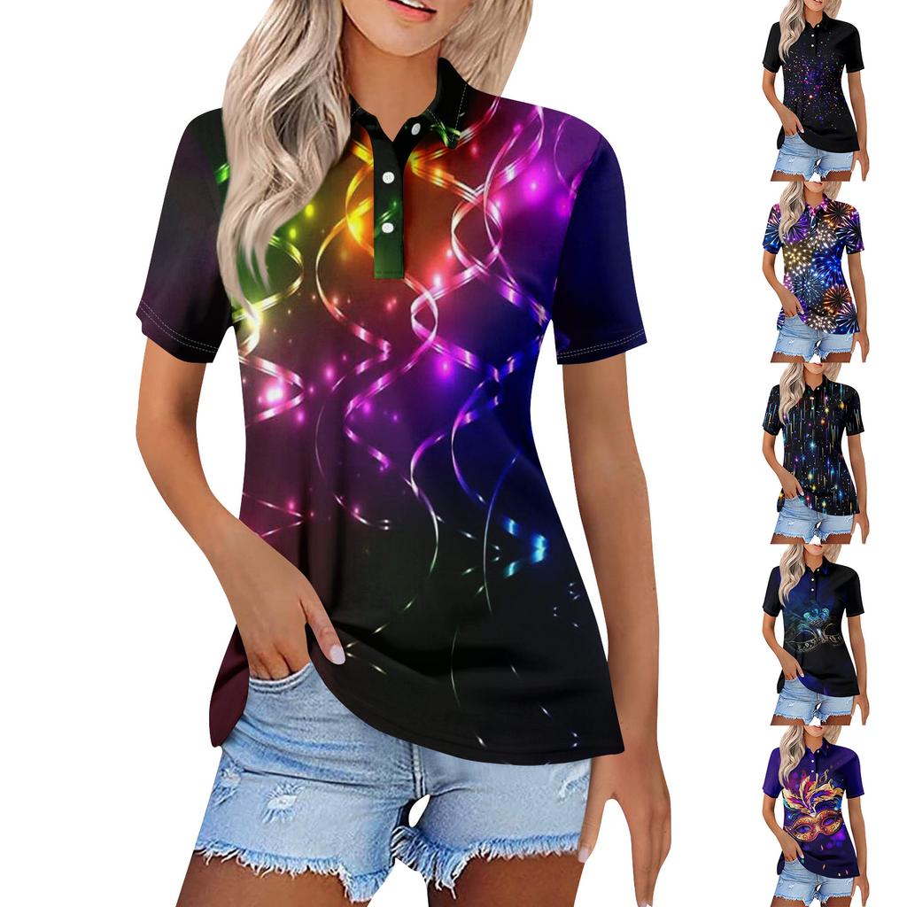 Women's Casual Floral Print V-Neck Short Sleeve Decorative Button T-Shirt Top
