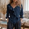 2026 Women's V-Neck Long Sleeve Ruffle Cotton Linen Top