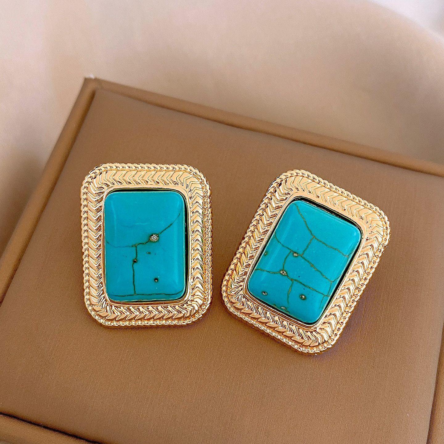 Серебряная игла, средневековые винтажные квадратные бирюзовые серьги-гвоздики, персонализированные преувеличенные серьги.