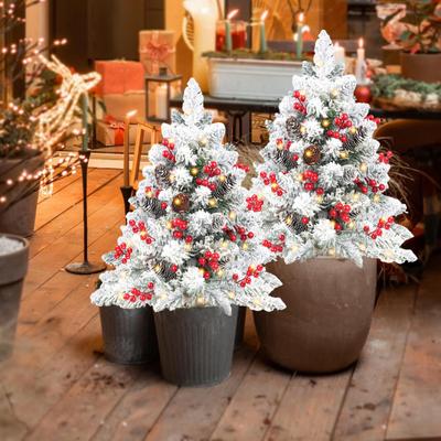 23 Inch Lighted Artificial Christmas Urn Filler Pre-lit Xmas Pine Tree with Cones Red Berries Tripod Stake And LED Light Outdoor Porch Planter Filler