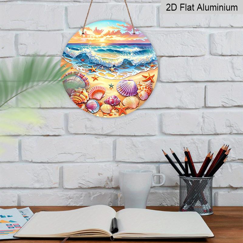 2D Flat, 1pc Round Aluminum Wall Art Plaque - Starfish and Seashell Coastal Decor, Vibrant Wave Patterns, Weather-Resistant Indoor/Outdoor Home or