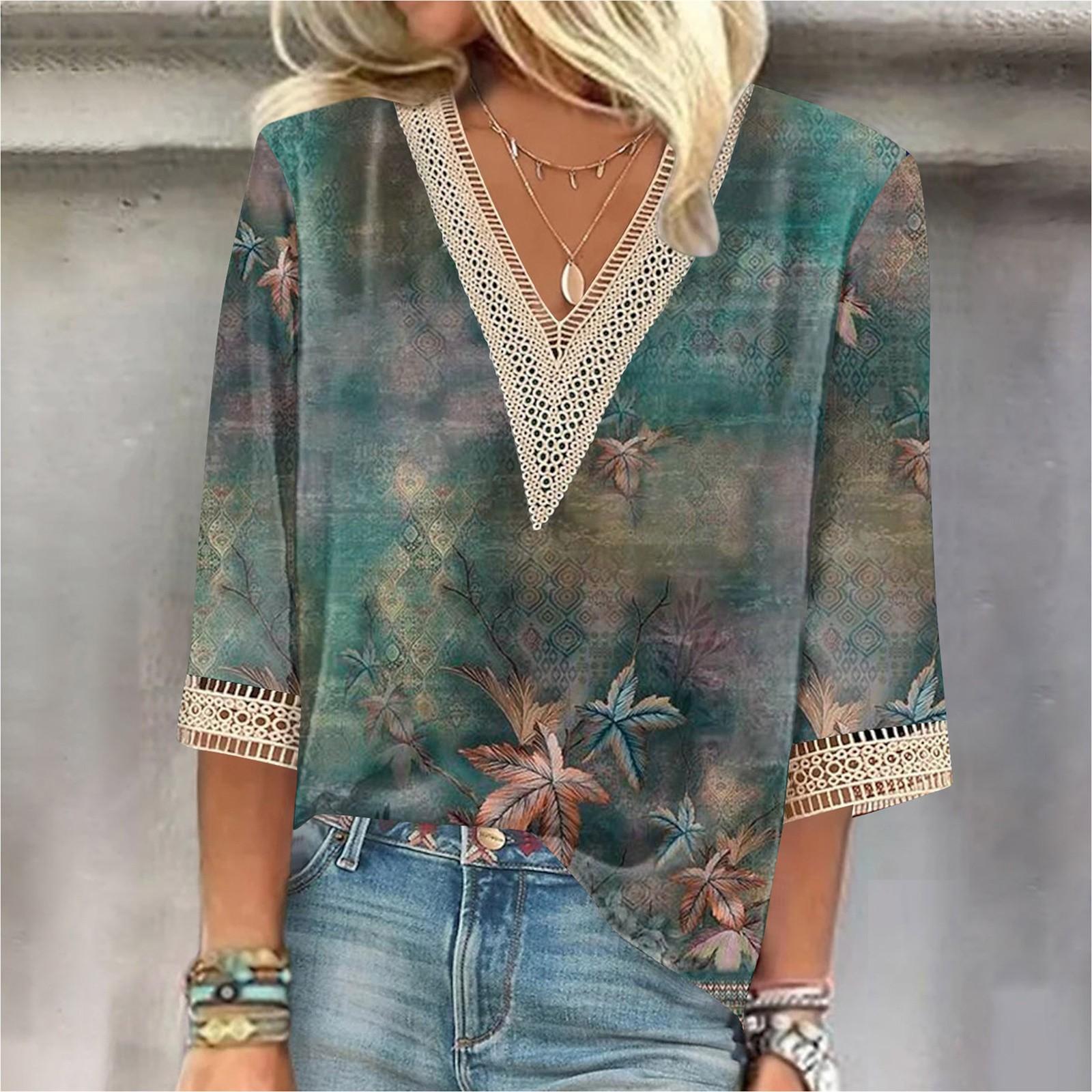 

Женская рубашка-блузка Повседневные свободные рубашки с рукавами 3/4 и кружевной отделкой Топы с v-образным вырезом и принтом Топы с принтом Футболки Футболки XXXL