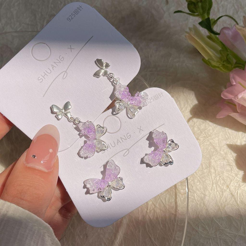 Purple Gradient Crystal Butterfly Earrings - High-End Silver Needle Design for Women