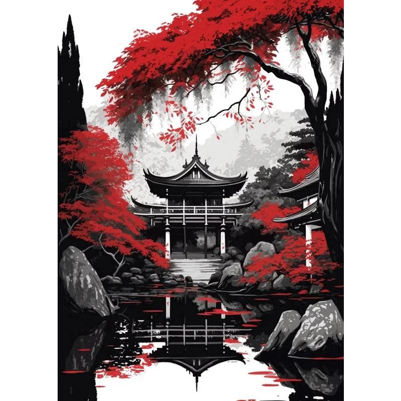 

Картина на холсте Японский природный пейзаж Горный храм Холст Плакаты Винтаж Черно-красные чернила Искусство Настенная живопись Печать на холсте Домашний декор 21cm×30cm NoFrame