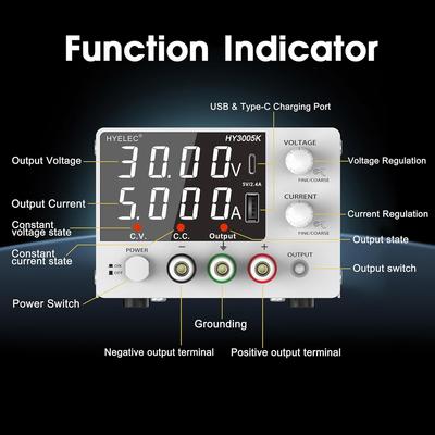 Variable DC Power Supply 0-30V 0-5A, LED Display, Encoder Knob, USB/C Type Charging
