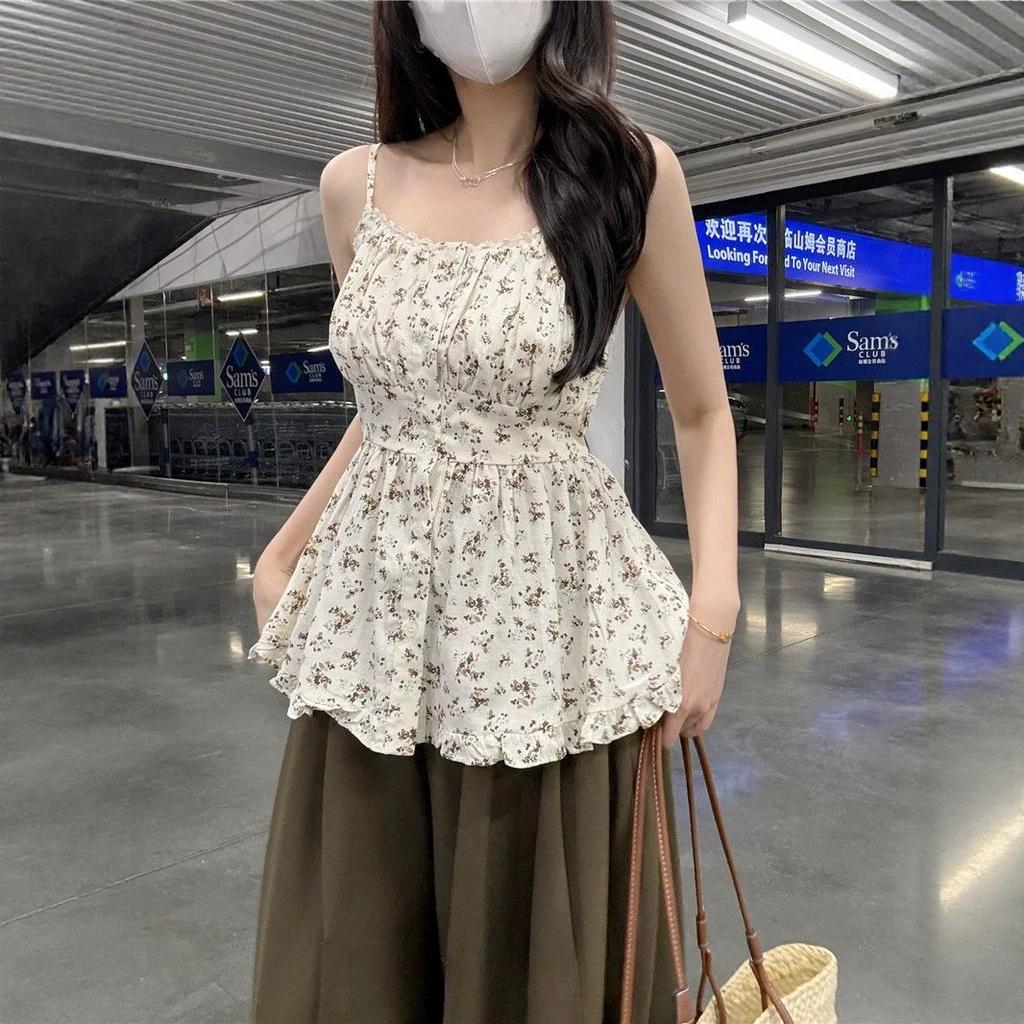 Sweet wind floral age-reducing temperament chic sling vest women's summer waist thin versatile spice girl top
