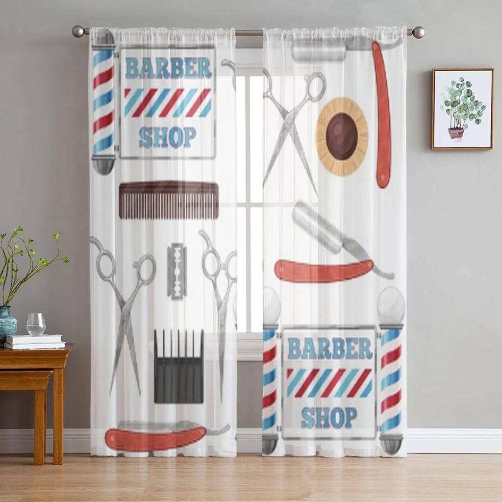 Barbershop Design Element Sheer Curtains For Living Room Modern Fashion Valance Curtains For Kitchen Tulle Curtains