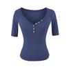 Button V-neck medium-sleeved T-shirt women's summer new American Spice Girl slim and thin short pullover bottoming top