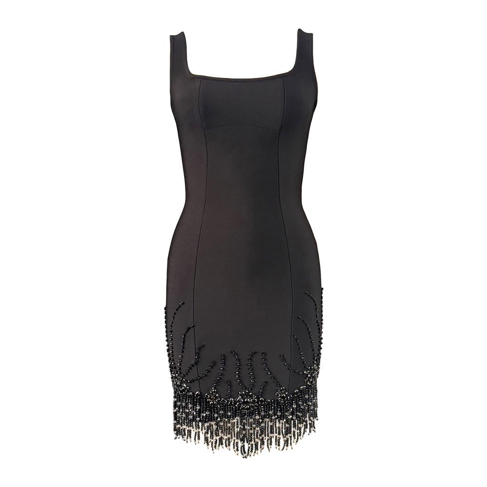Elegant Rhinestone Tassel Bandage Dress for Evening Parties M чёрный
